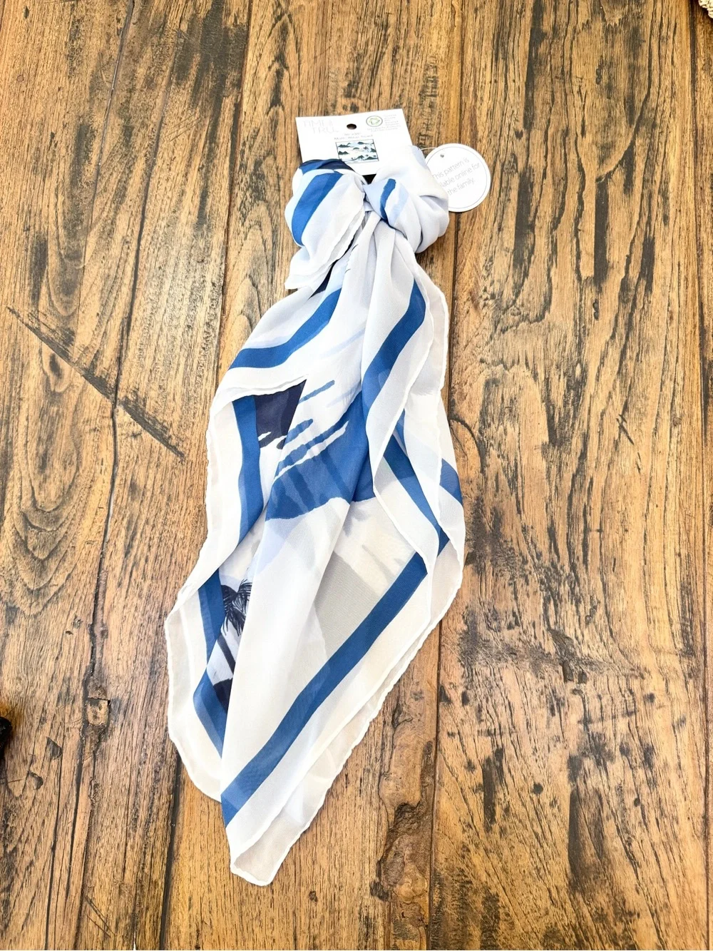 NWT Time and Tru 30” Navy Teal White Watercolor Silk-Feel Scarf Coastal Theme